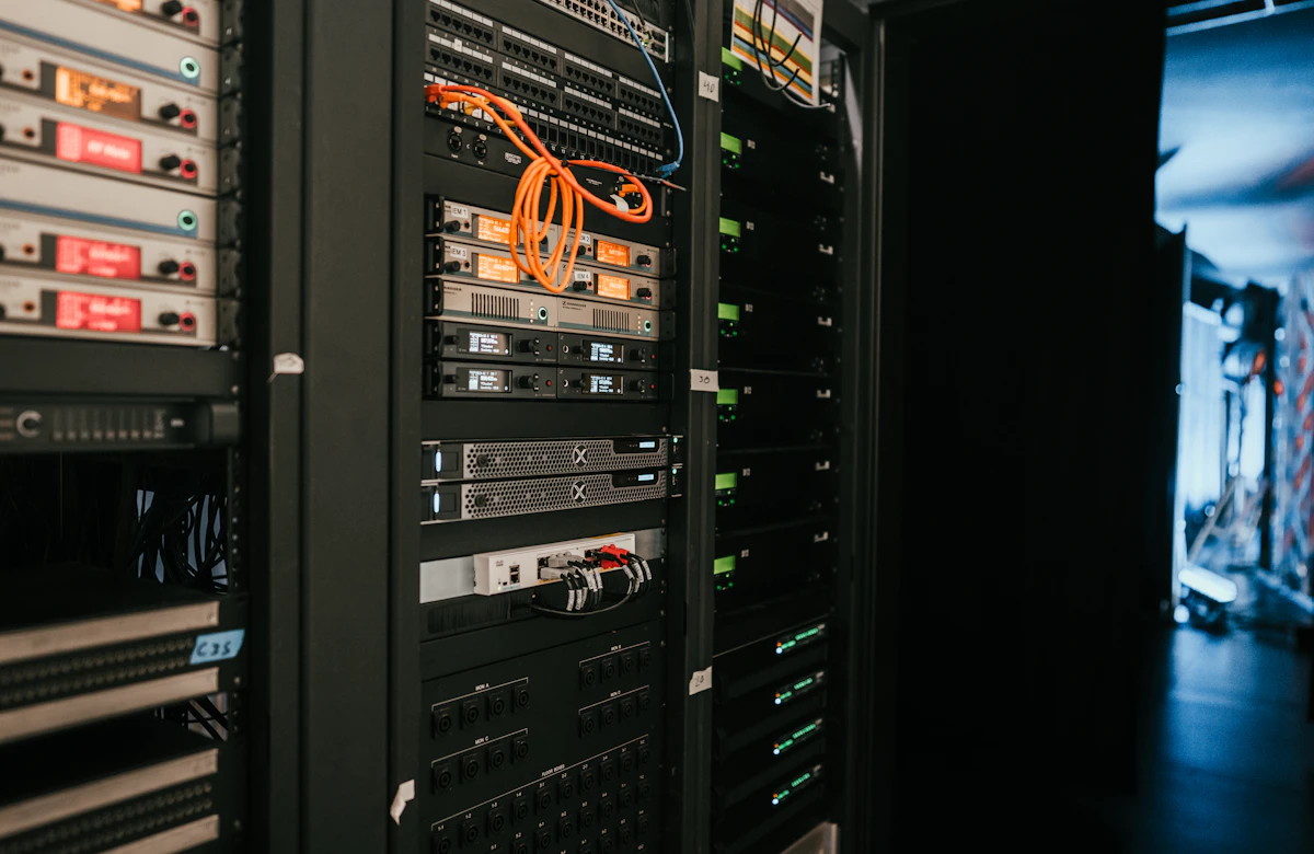 A rack of servers and connecting cables